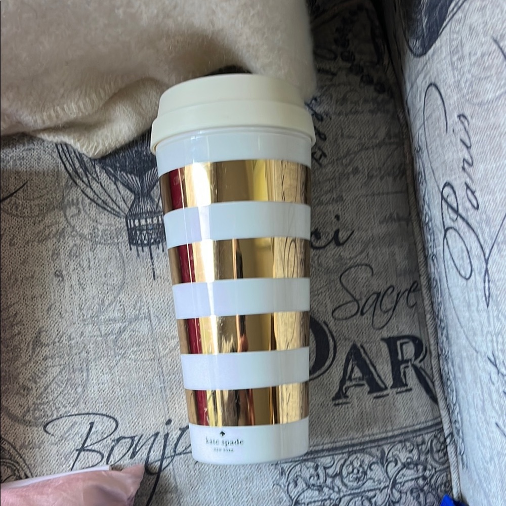 Kate Spade Gold & White Striped Travel Tumbler